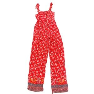 Xhilaration Red Floral Wide Leg Jumpsuit‎ Rayon Size S Boho Summer Resort wear